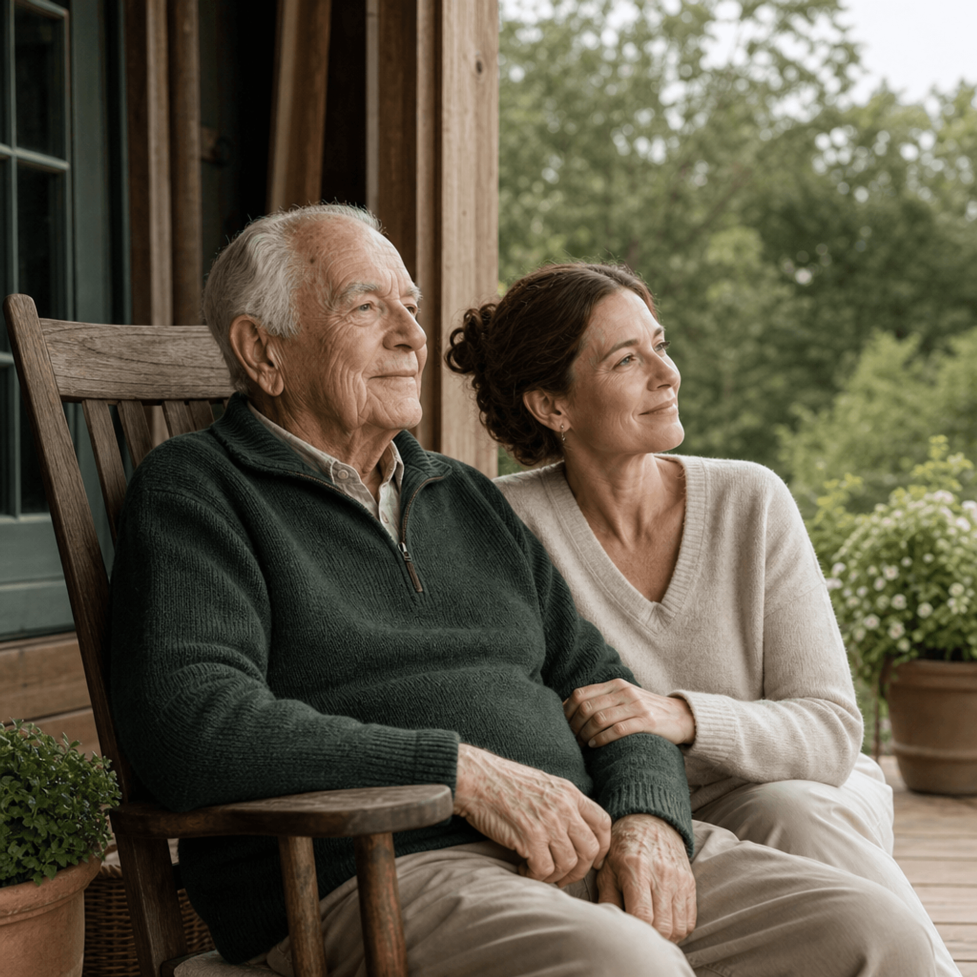 An adult daughter sitting with her father on a porch in the late day sun