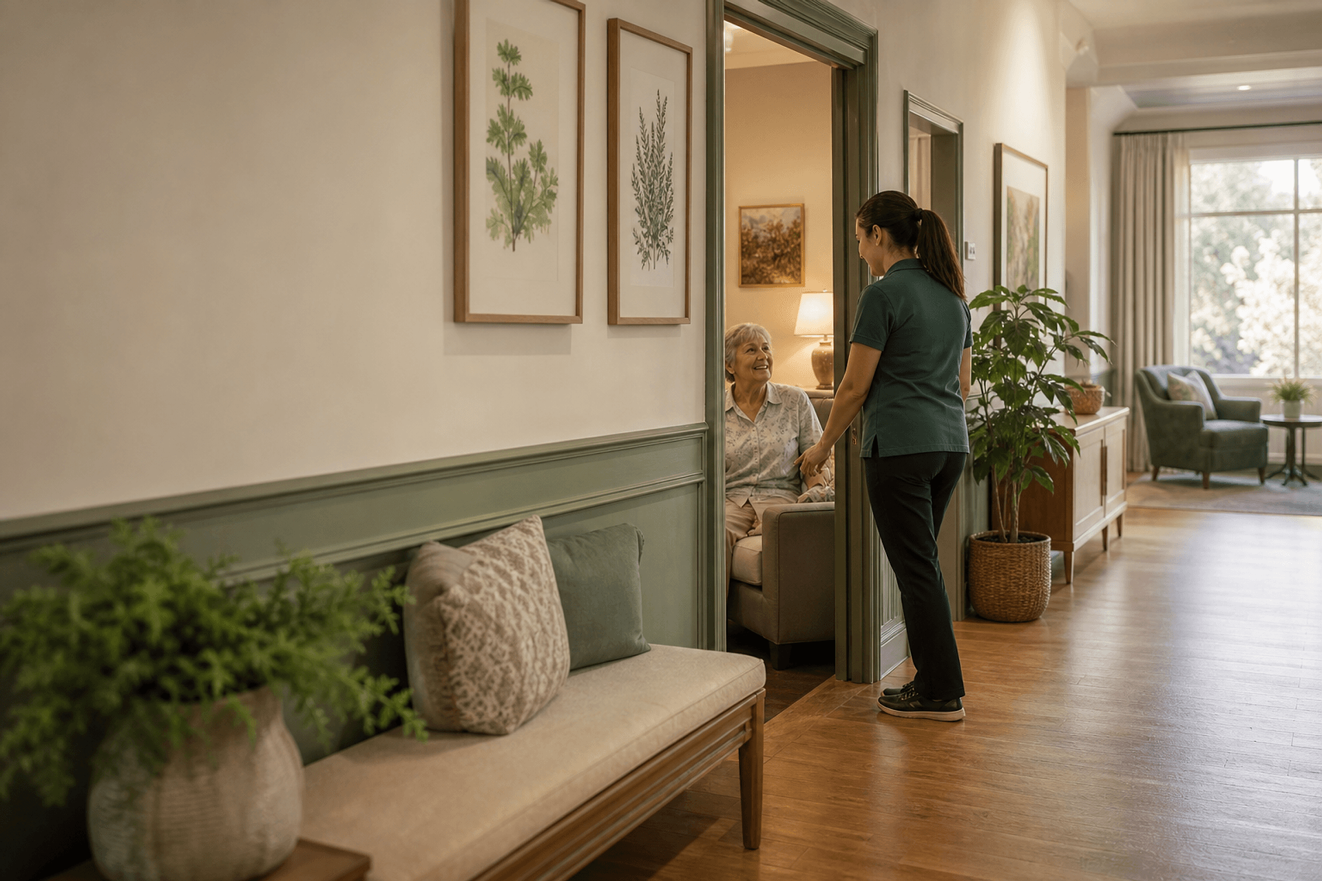 A sunlit hallway threshold in an assisted living residence with a doorway that reads like a home