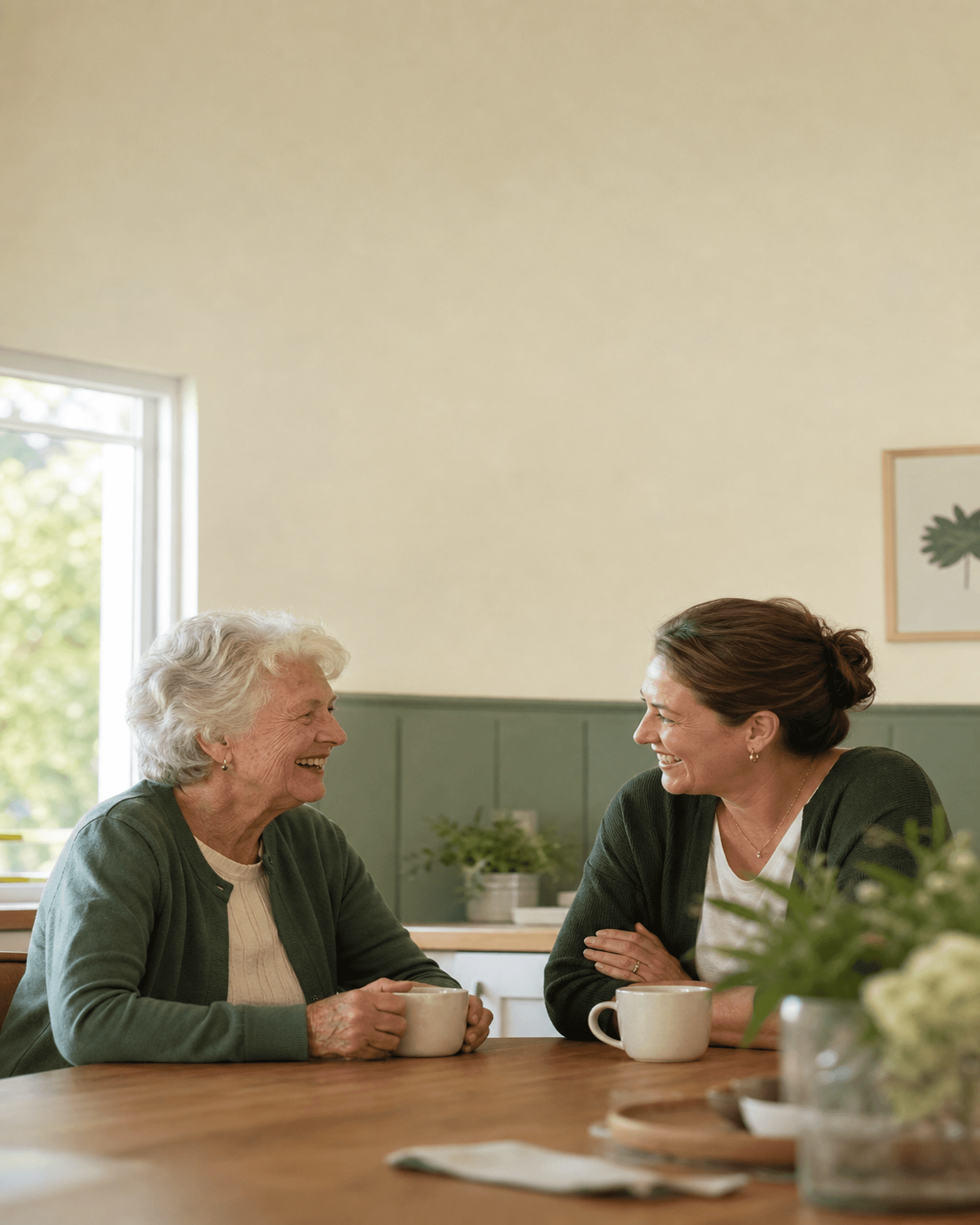 A caregiver and an older woman in conversation at a kitchen table in warm afternoon light