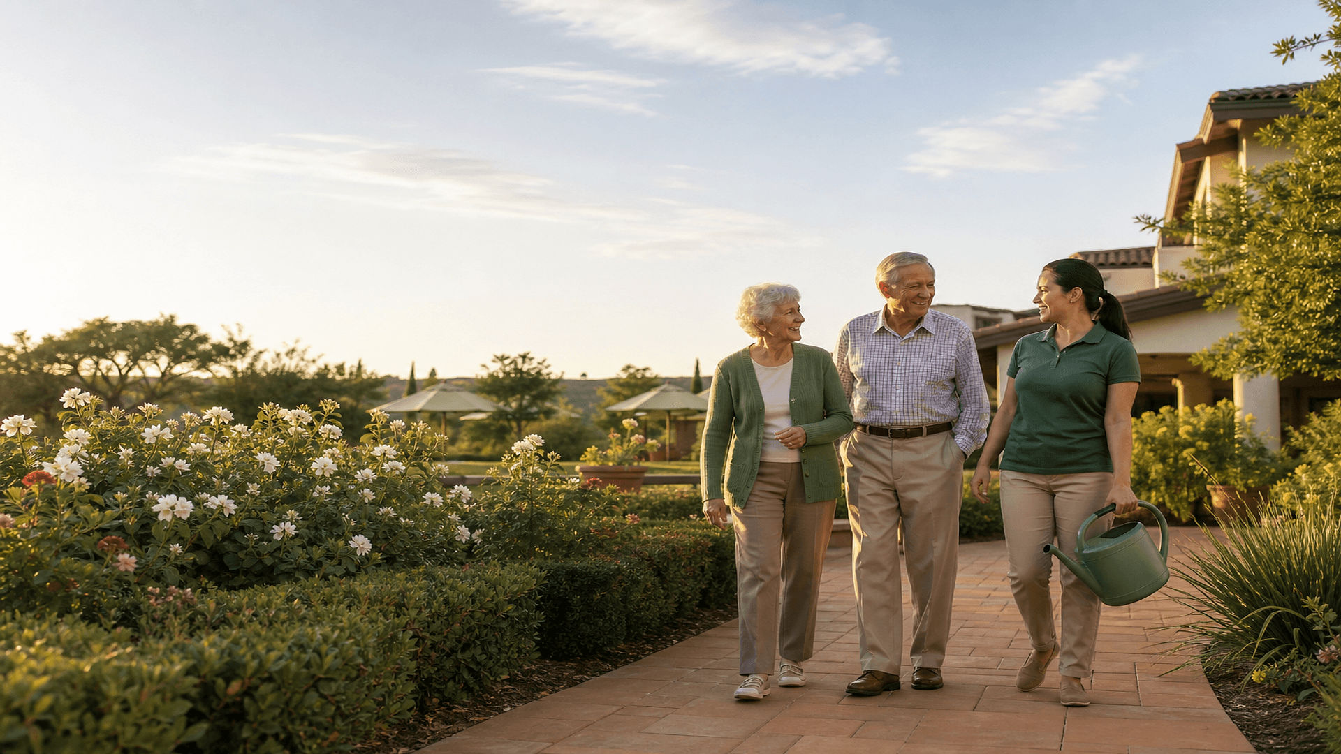 Two residents walking a garden courtyard with a staff member in late afternoon light